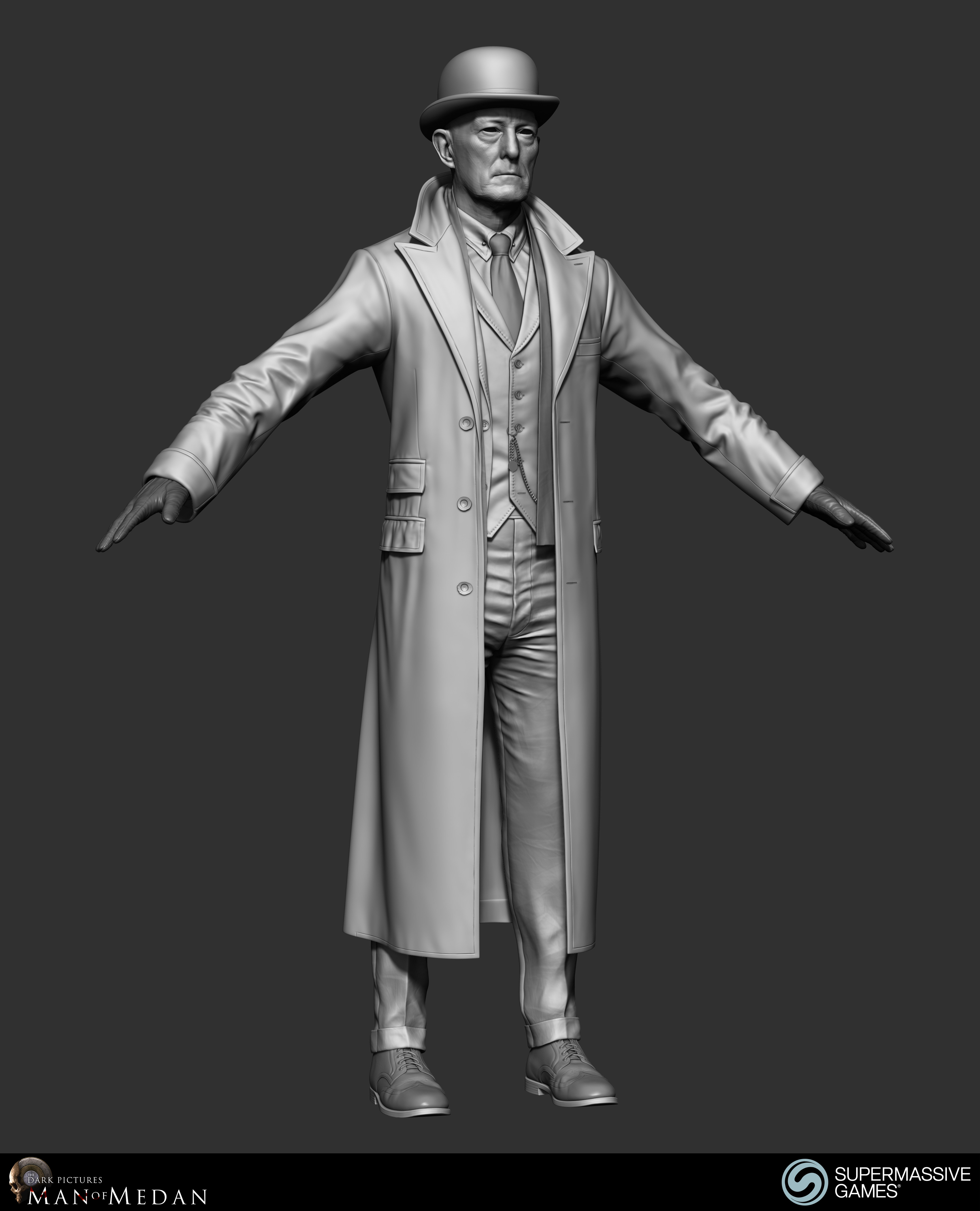 The Curator character in trench coat from Dark Pictures. ZBrush sculpting by Andor Kollar.