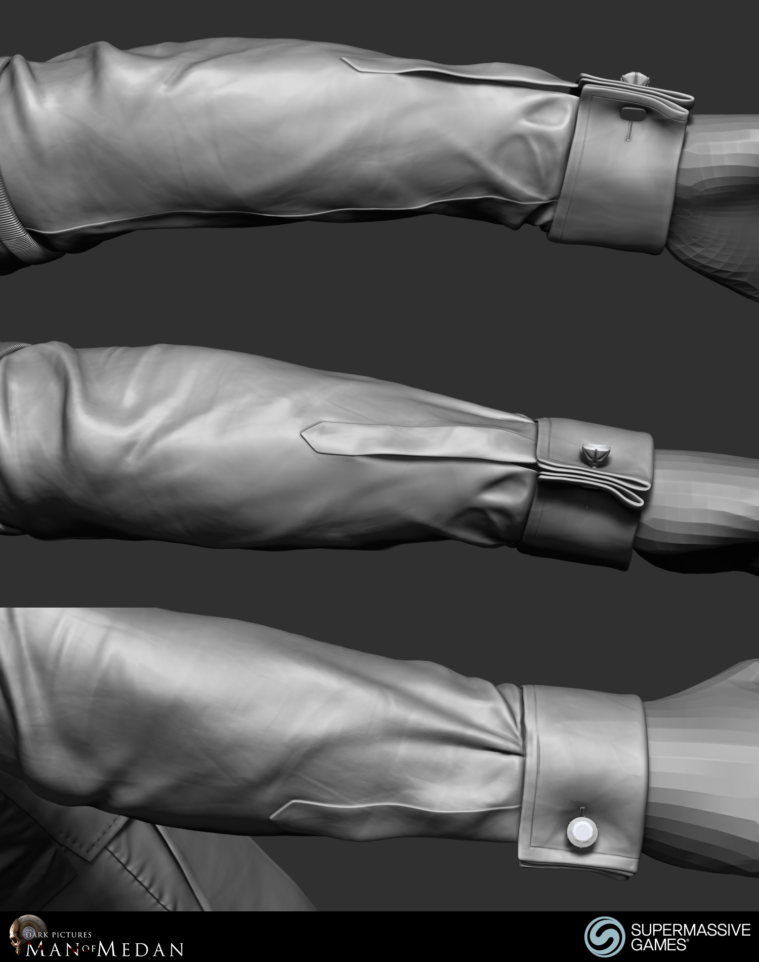 The Curator character in his elegant costume from Dark Pictures. Shirt sleeve cufflink. ZBrush sculpting by Andor Kollar.