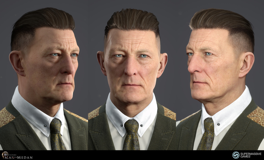 The Curator character from The Dark Pictures game in Unreal Engine. Cold hearted face with blue eyes and strong hold hair wax. Andor Kollar