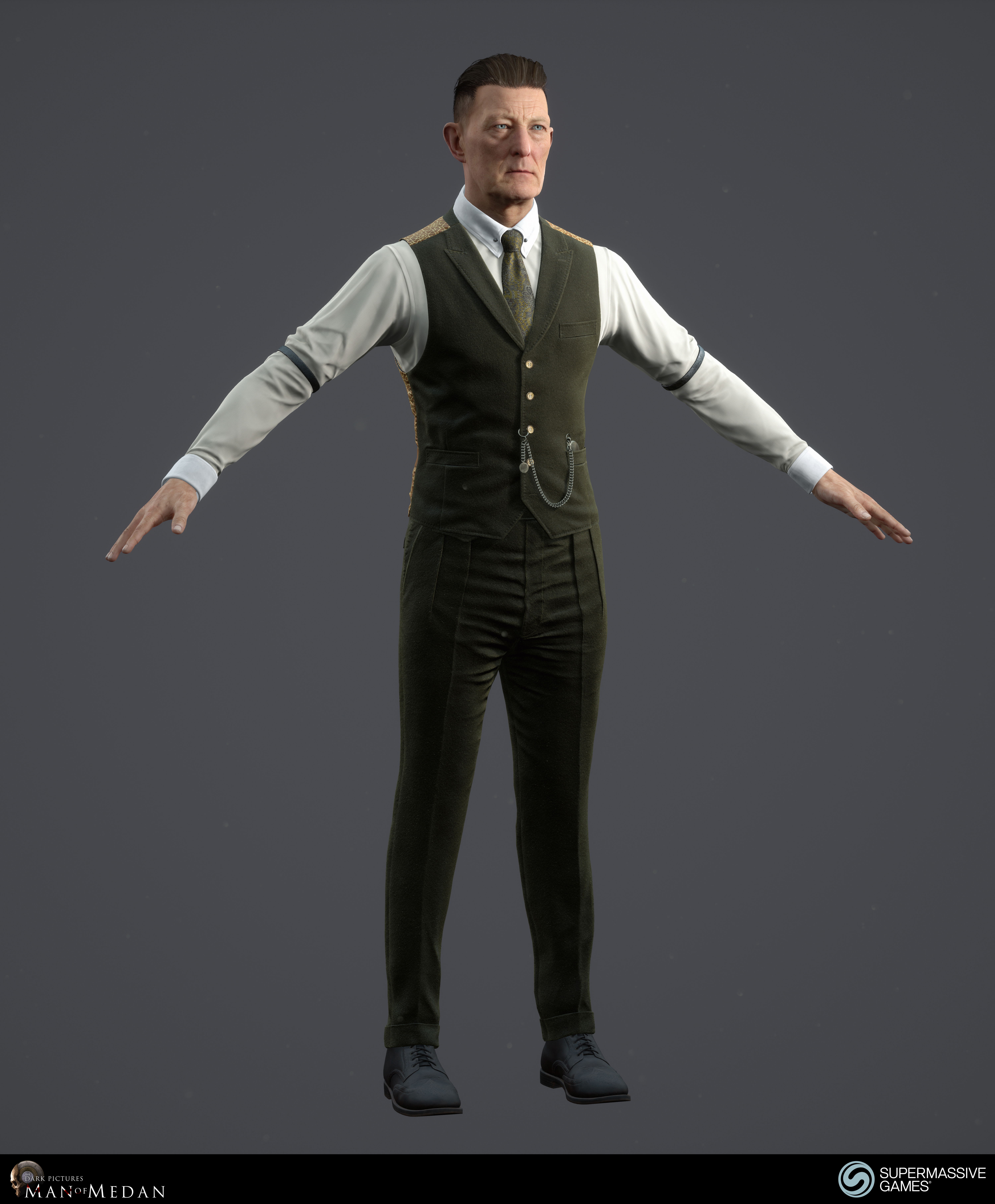 The Curator character from The Dark Pictures game in Unreal Engine. Cold hearted face with blue eyes, strong hold hair wax, elegant green costume, waistcoat, tie, pocket watch, sleeve garter. Andor Kollar