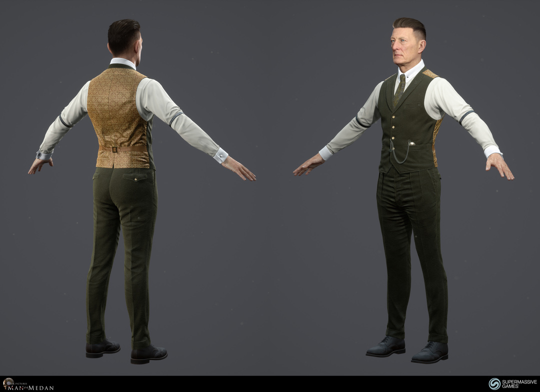 The Curator character from The Dark Pictures game in Unreal Engine. Cold hearted face with blue eyes, strong hold hair wax, elegant green costume, waistcoat, tie, pocket watch, sleeve garter, cufflink. Andor Kollar