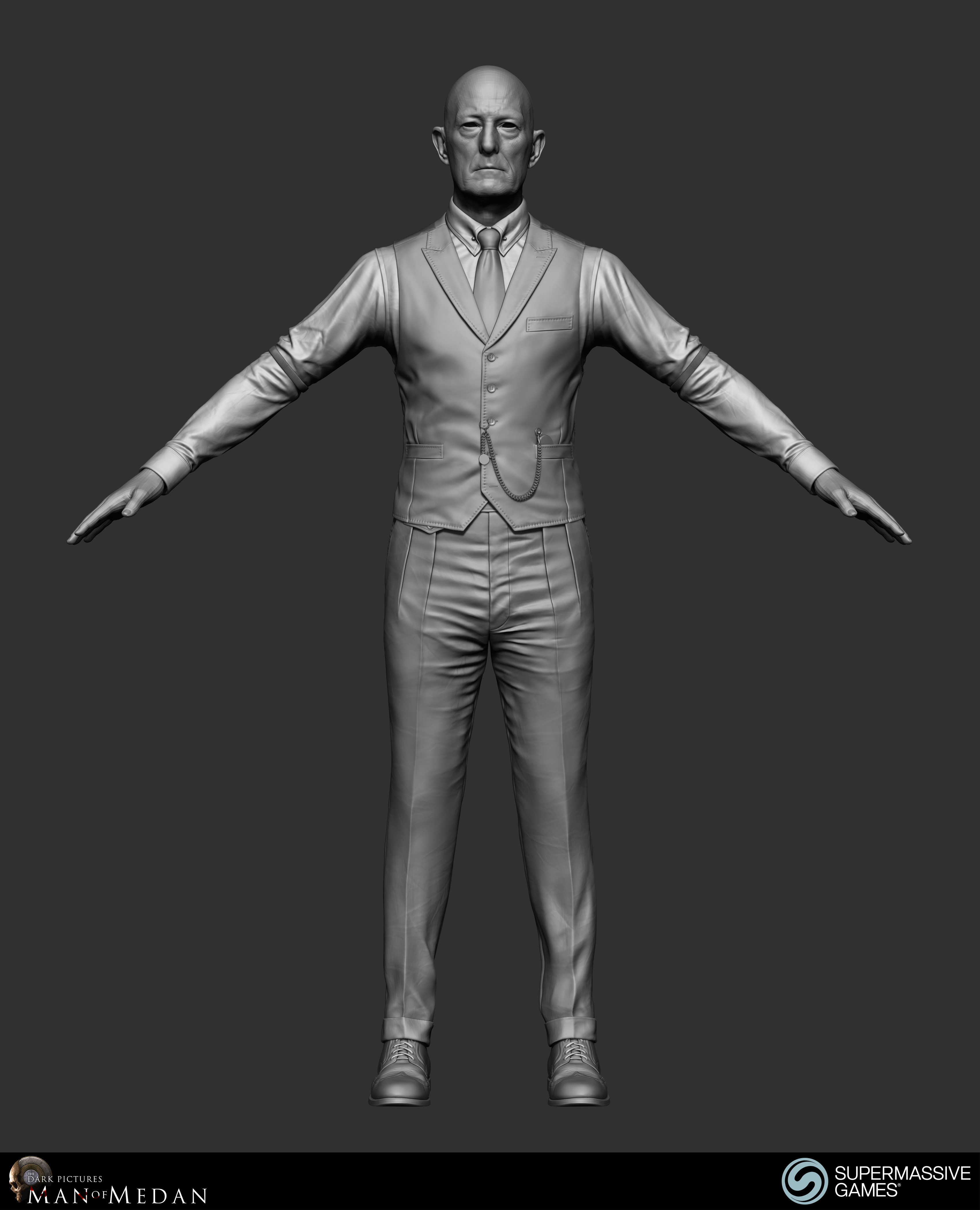 The Curator character in his elegant costume from Dark Pictures. Waistcoat, shirt, sleeve garter, trousers, tie, poclet watch. ZBrush sculpting by Andor Kollar.