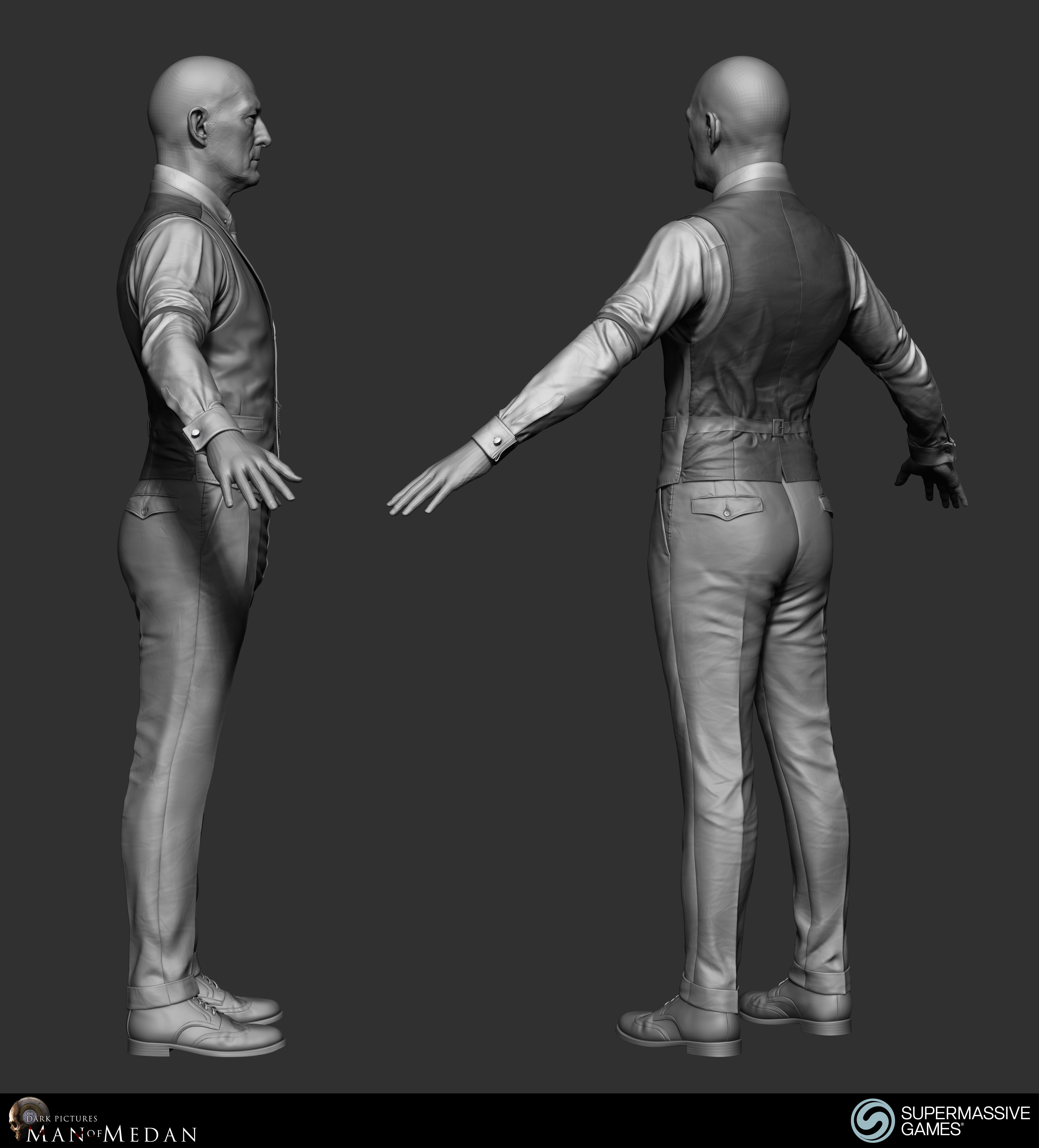 The Curator character in his elegant costume from Dark Pictures. Waistcoat, shirt, sleeve garter, cufflink, trousers, tie, poclet watch. ZBrush sculpting by Andor Kollar.