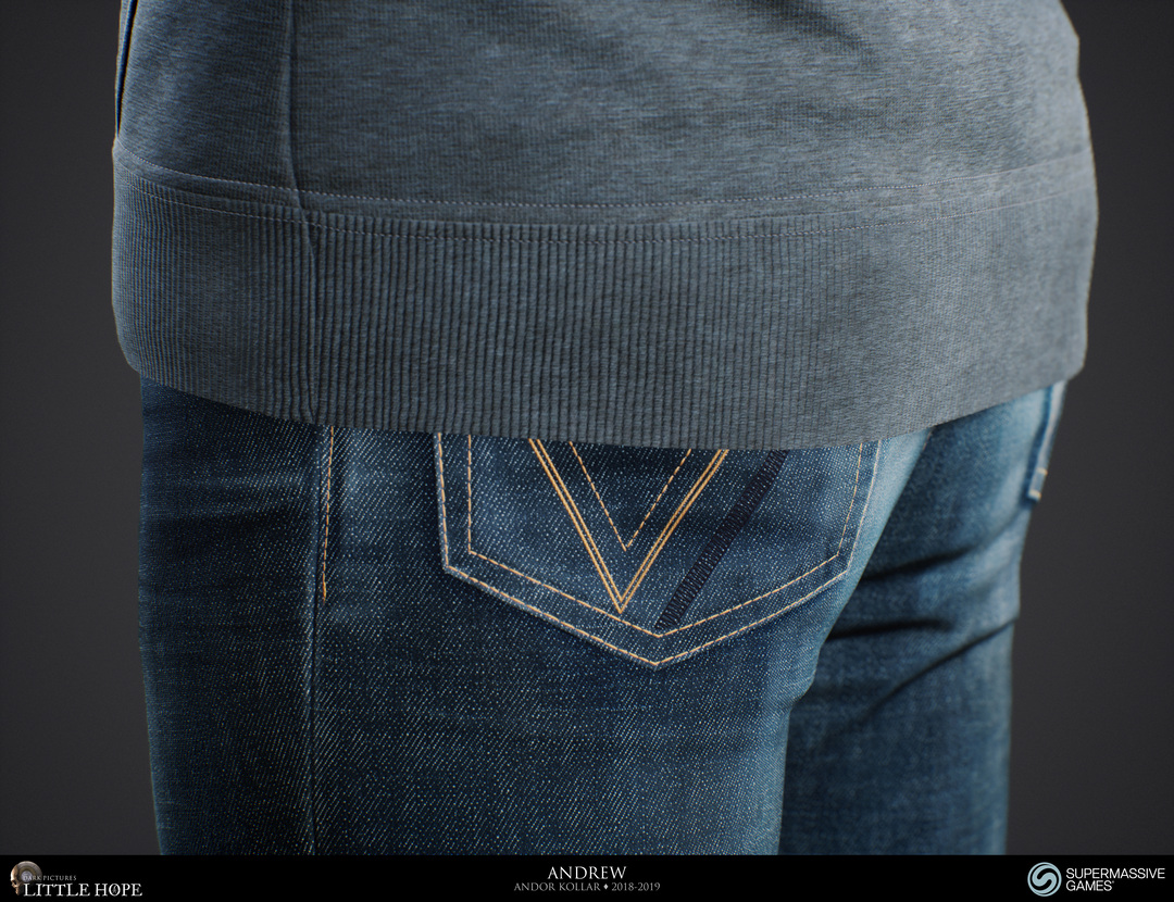 Little Hope, 3d game character, Andrew, detailed realistic blue jeans denim, Unreal Engine, Andor Kollar