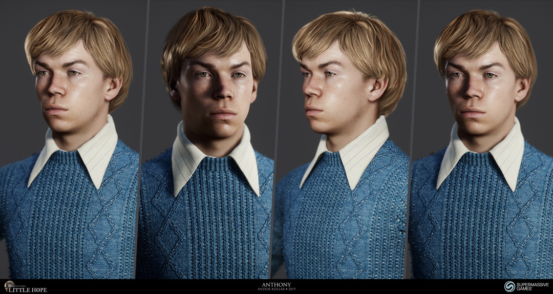 Little Hope, 3d game character, Head of Anthony, blonde 1970s male hairstyle, blue jumper, blue sweater, knitting, Will Poulter, Unreal Engine, Andor Kollar