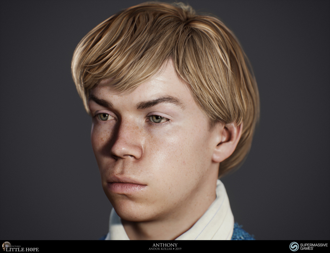 Little Hope, 3d game character, Head of Anthony, 1970s man hairstyle, blonde hair, Will Poulter, Unreal Engine, Andor Kollar