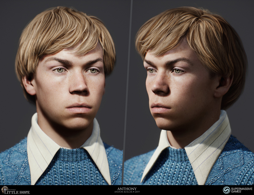 Little Hope, 3d game character, Head of Anthony, 1970s man hairstyle, blonde hair, big collar, knitting, blue jumper, blue sweater, Will Poulter, Unreal Engine, Andor Kollar