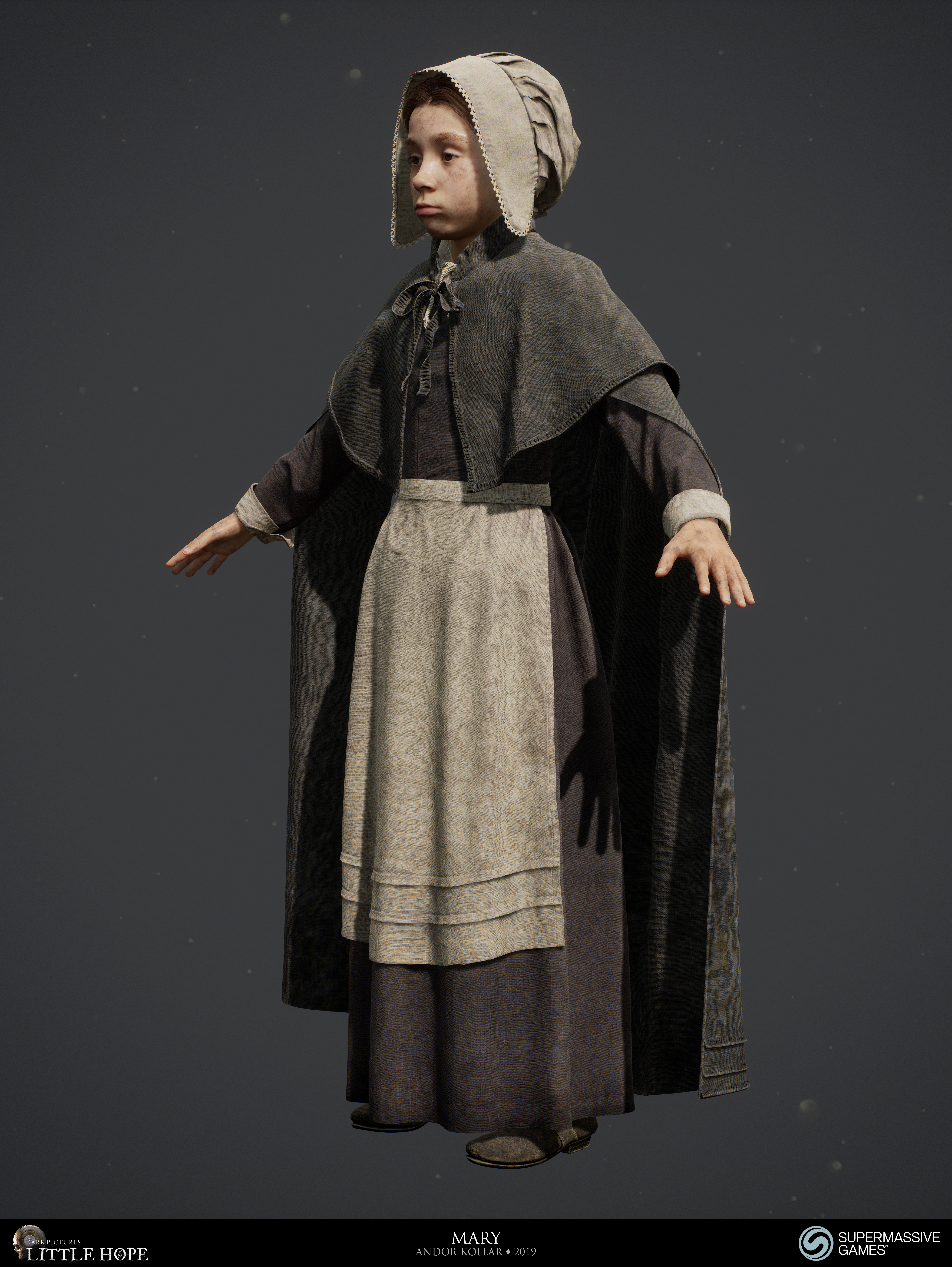 Little Hope, 3d game character, Mary, little girl with 17th century dress, bonnet, cloak, skirt, Unreal Engine, Andor Kollar
