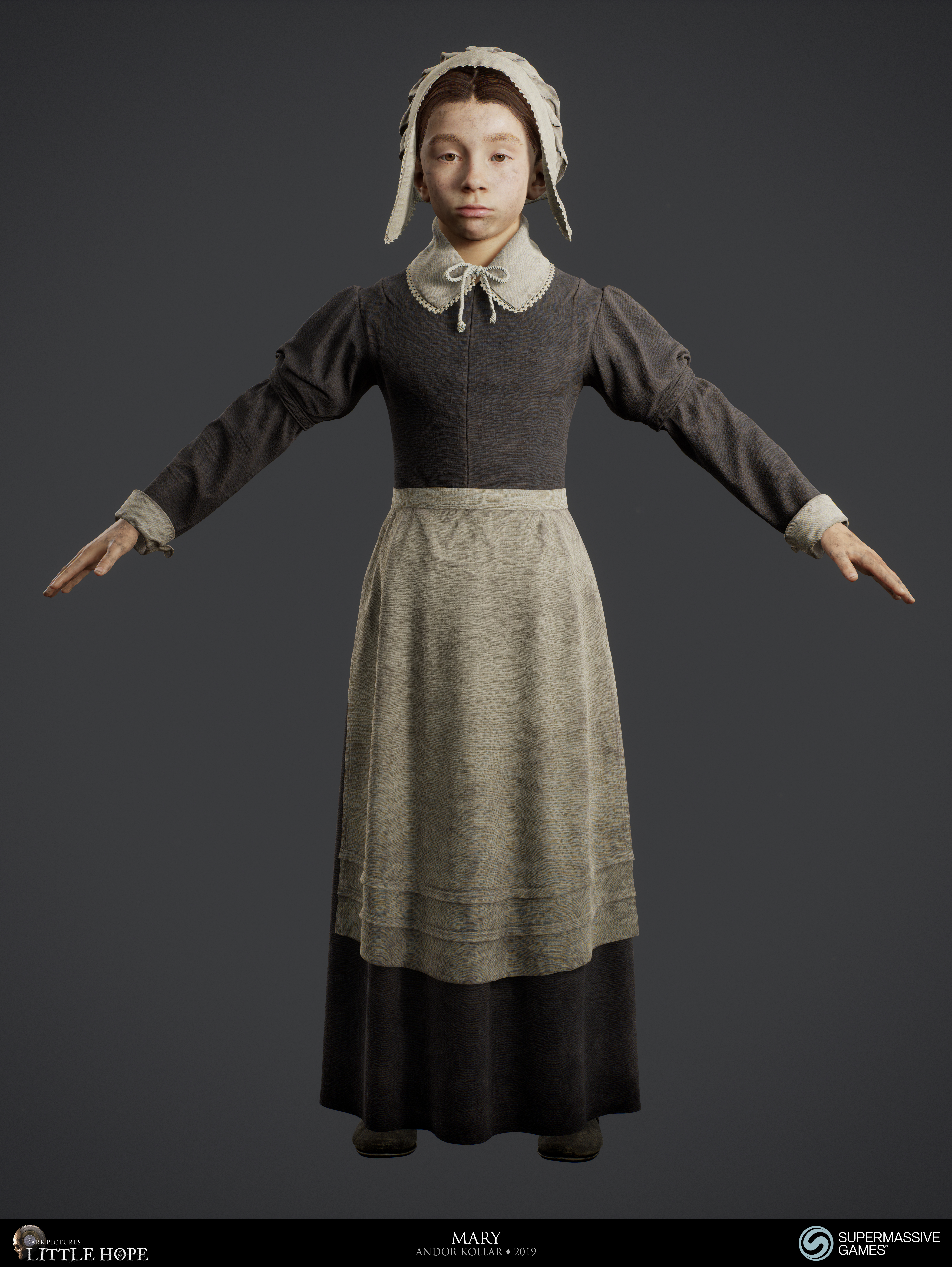 Little Hope, 3d game character, Mary, little girl with 17th century dress, bonnet, skirt, Unreal Engine, Andor Kollar