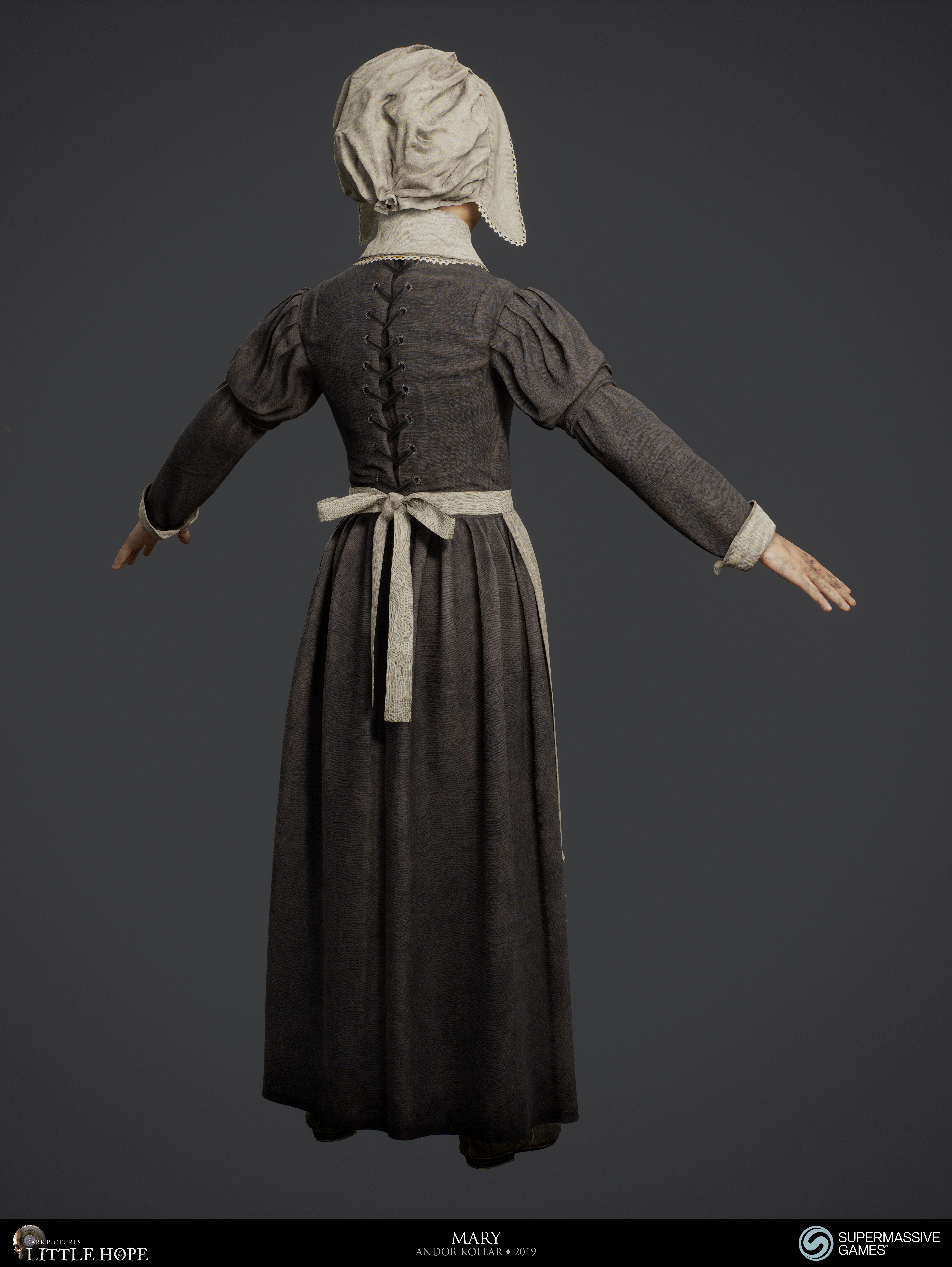 Little Hope, 3d game character, Mary, little girl with 17th century dress, bonnet, skirt, ribbon, Unreal Engine, Andor Kollar