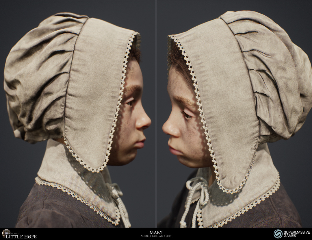 Little Hope, 3d game character, Mary, little girl with 17th century dress, bonnet, lace, Unreal Engine, Andor Kollar