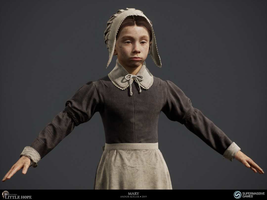 Little Hope, 3d game character, Mary, little girl with 17th century dress, bonnet, skirt, lace, Unreal Engine, Andor Kollar