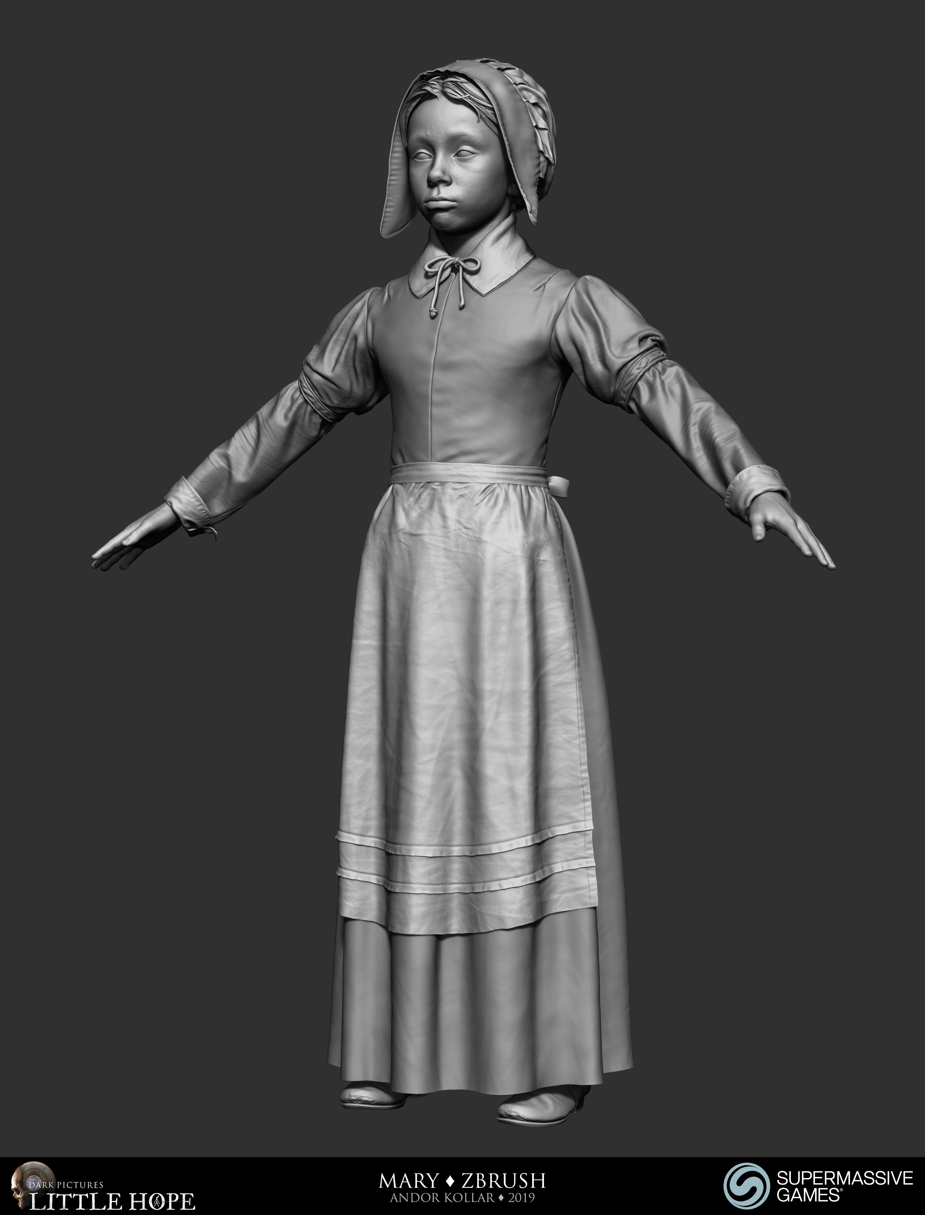 Little Hope, Mary, 3d character, ZBrush sculpting, 17th century dress, skirt, ribbon, lace, bonnet, Andor Kollar