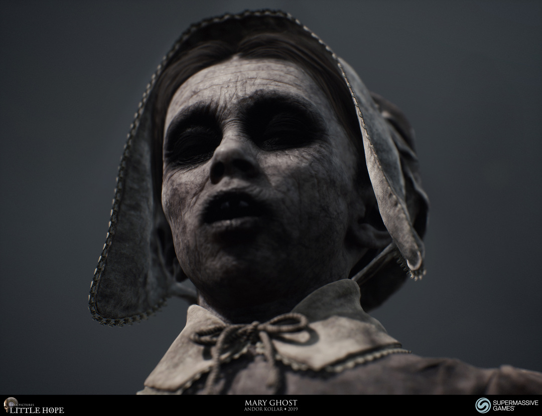 Little Hope, 3d game character, Mary, ghost, little girl with 17th century dress, bonnet, horror, Unreal Engine, Andor Kollar