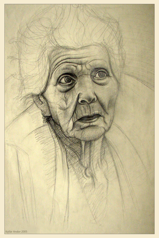 Portrait drawing by pencil, old lady