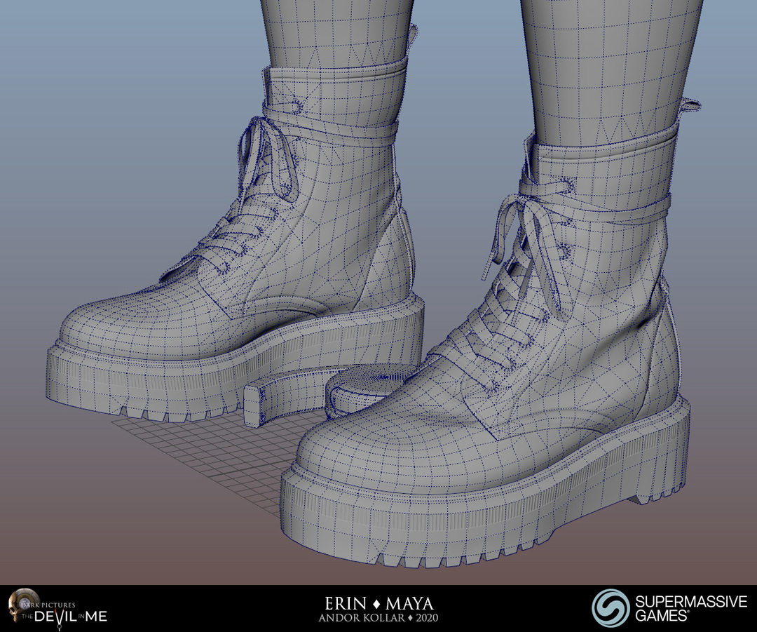 3d boot in Maya, wireframe, 3d character art of Andor Kollar