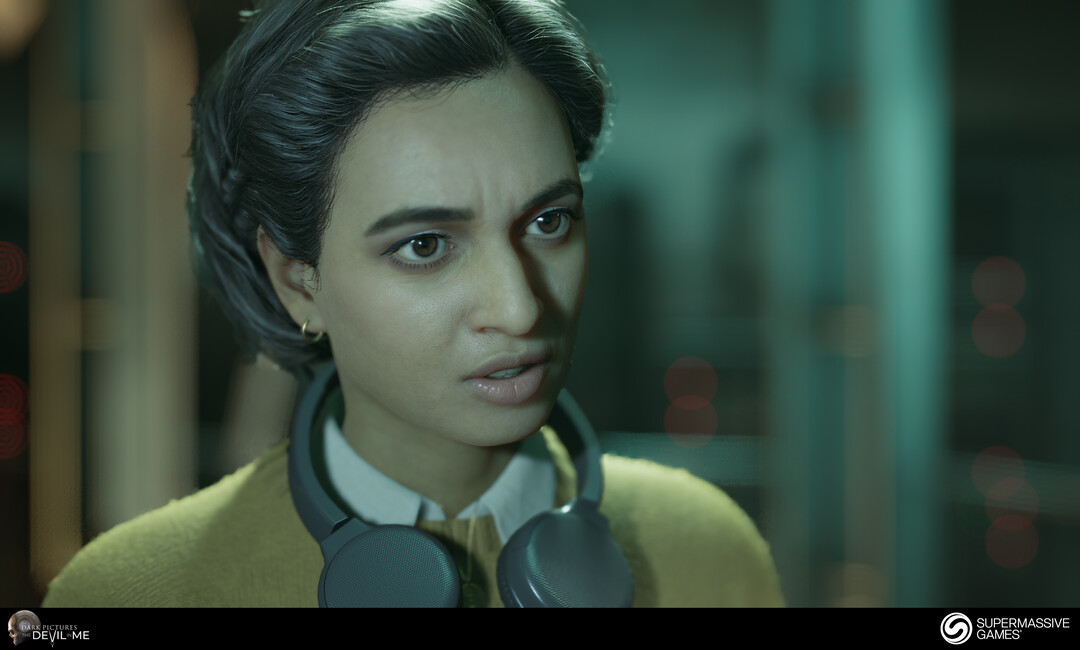 Erin from Devil in Me, game character, young female girl in yellow fluffy jumper with headphone, black braided 3d polygon hair, Hindi woman, Rabia Maddah, Unreal Engine, 3d character art of Andor Kollar