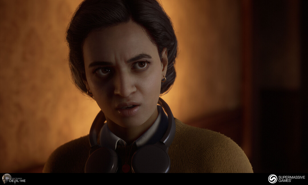 Erin from Devil in Me, game character, young female girl in yellow fluffy jumper with headphone, black braided 3d polygon hair, Hindi woman, Rabia Maddah, Unreal Engine, 3d character art of Andor Kollar