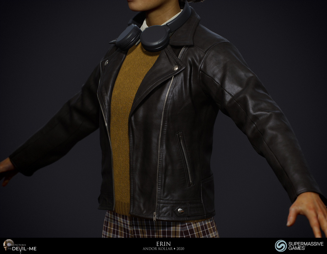 Erin from Devil in Me, game character, young female girl in black leather jacket with headphone, Unreal Engine, 3d character art of Andor Kollar 