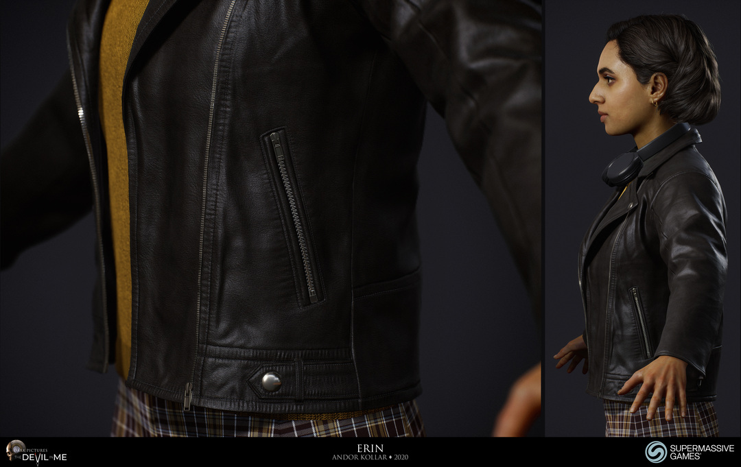 Erin from Devil in Me, game character, young female girl in black leather jacket, leather fabric details zipper, Unreal Engine, 3d character art of Andor Kollar