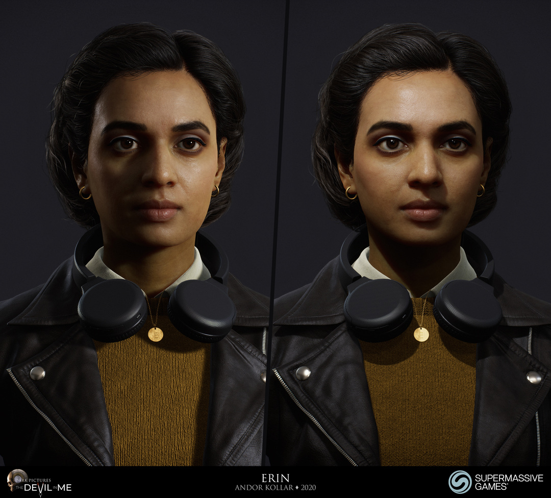 Erin from Devil in Me, game character, young female girl in black leather jacket with headphone, tartan skirt, black braided 3d polygon hair, Hindi woman, Rabia Maddah, Unreal Engine, 3d character art of Andor Kollar