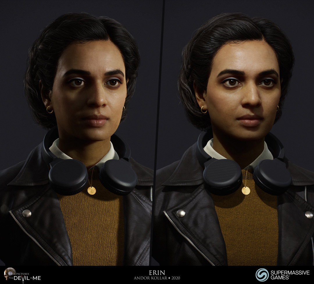 Erin from Devil in Me, game character, young female girl in black leather jacket with headphone, tartan skirt and black boot, black braided 3d polygon hair, Hindi woman, Rabia Maddah, Unreal Engine, 3d character art of Andor Kollar