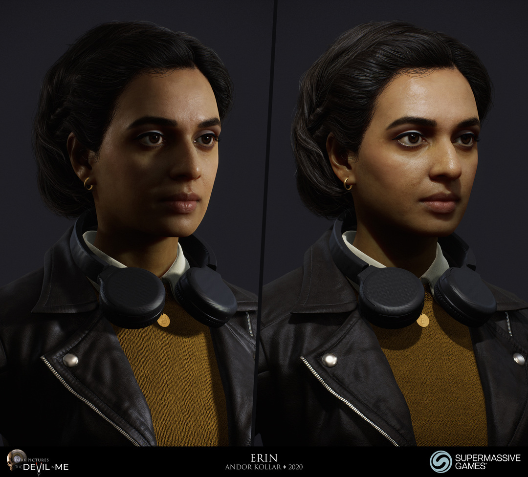 Erin from Devil in Me, game character, young female girl in black leather jacket with headphone, black braided 3d polygon hair, Hindi woman, Rabia Maddah, Unreal Engine, 3d character art of Andor Kollar