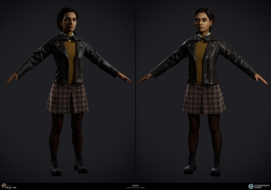 Erin from Devil in Me, game character, young female girl in black leather jacket with headphone, tartan skirt and black boot, black braided 3d polygon hair, Hindi woman, Rabia Maddah, Unreal Engine, 3d character art of Andor Kollar