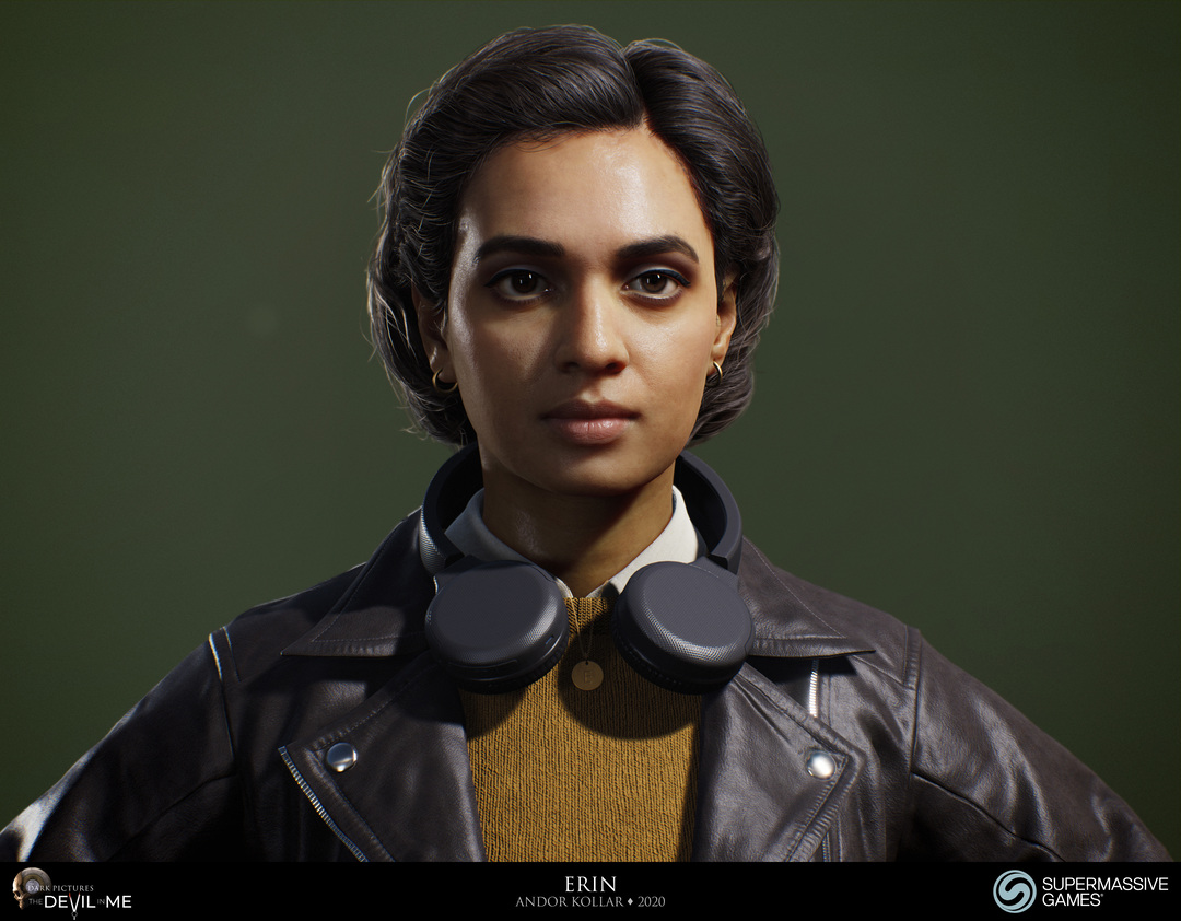 Erin from Devil in Me, game character, young female girl in black leather jacket with headphone, black braided 3d polygon hair, Hindi woman, Rabia Maddah, Unreal Engine, 3d character art of Andor Kollar