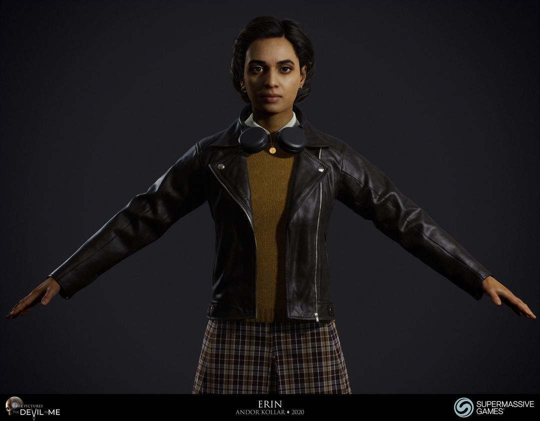 Erin from Devil in Me, game character, young female girl in black leather jacket with headphone, tartan skirt, black braided 3d polygon hair, Hindi woman, Rabia Maddah, Unreal Engine, 3d character art of Andor Kollar