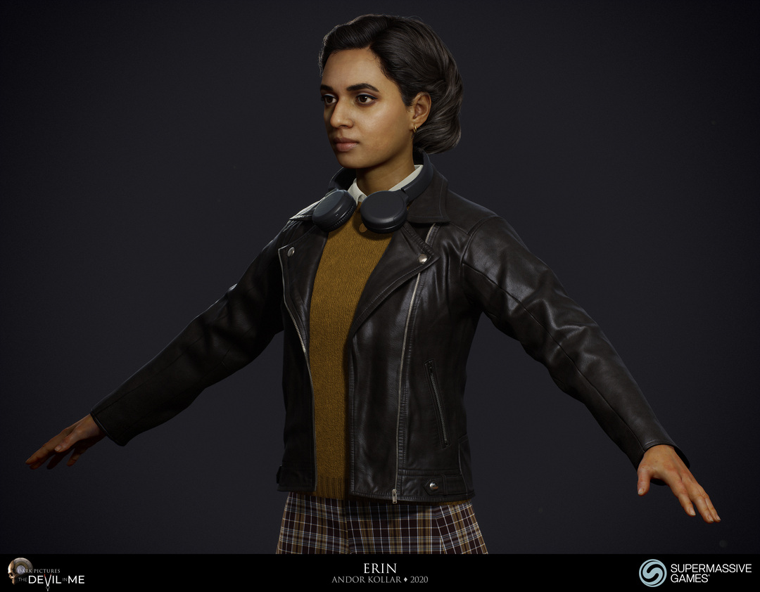 Erin from Devil in Me, game character, young female girl in black leather jacket with headphone, tartan skirt, black braided 3d polygon hair, Hindi woman, Rabia Maddah, Unreal Engine, 3d character art of Andor Kollar