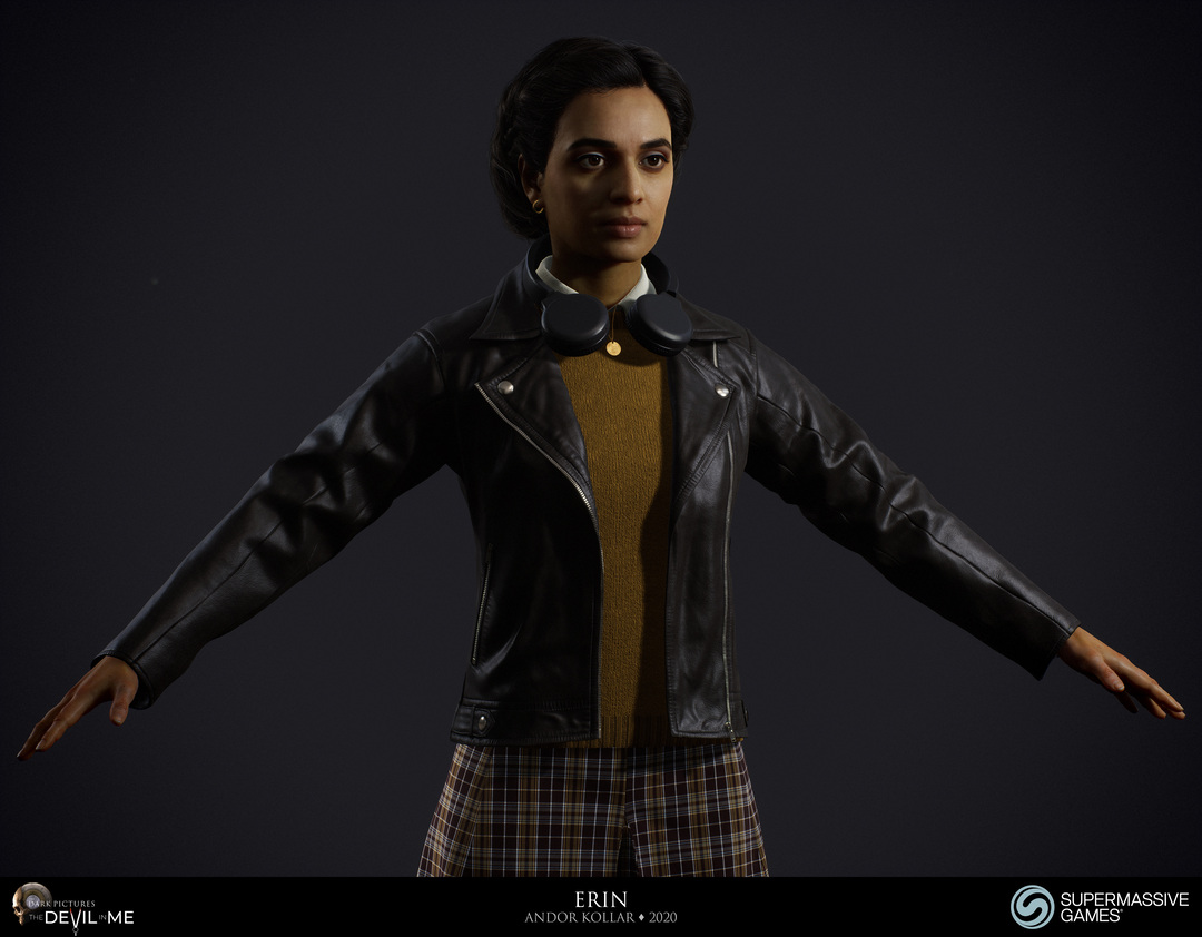 Erin from Devil in Me, game character, young female girl in black leather jacket with headphone, tartan skirt, black braided 3d polygon hair, Hindi woman, Rabia Maddah, Unreal Engine, 3d character art of Andor Kollar