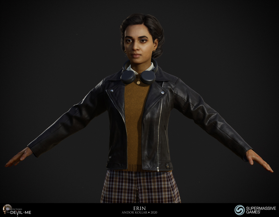 Erin from Devil in Me, game character, young female girl in black leather jacket with headphone, tartan skirt, black braided 3d polygon hair, Hindi woman, Rabia Maddah, Unreal Engine, 3d character art of Andor Kollar 