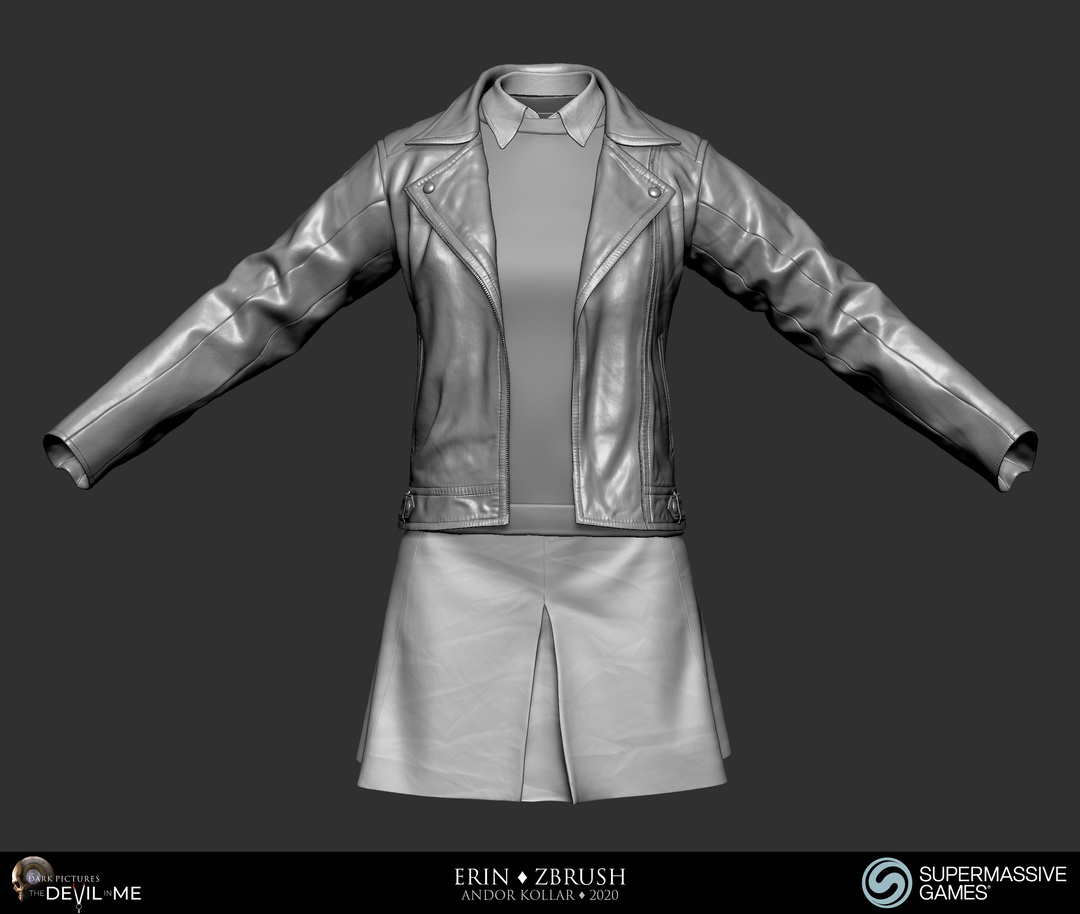 Clothes of Erin from Devil in Me, leather jacket and skirt sculpting in ZBrush for game character, 3d character art of Andor Kollar