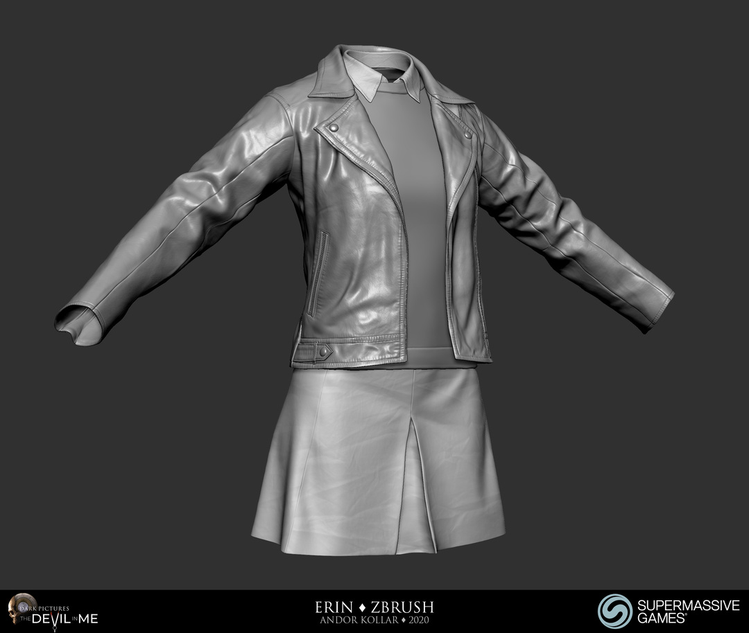 Clothes of Erin from Devil in Me, leather jacket and skirt sculpting in ZBrush for game character, 3d character art of Andor Kollar