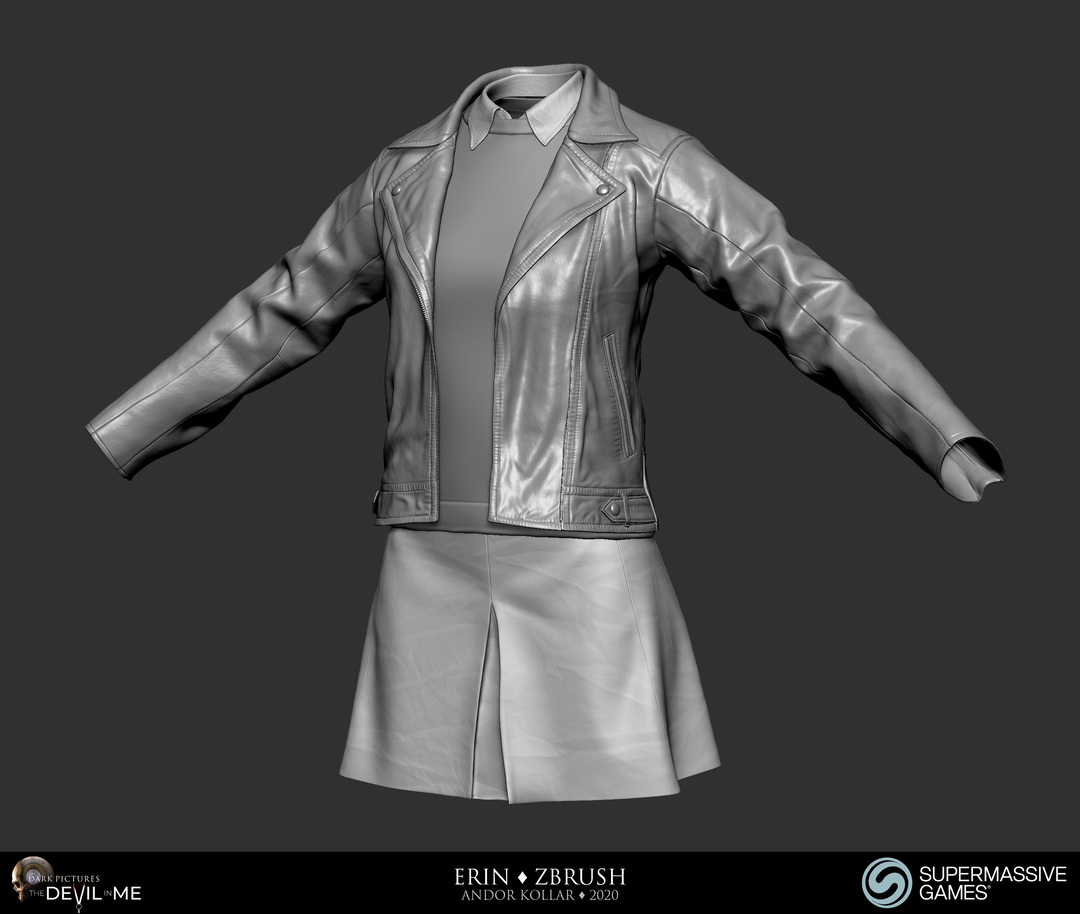 Clothes of Erin from Devil in Me, leather jacket and skirt sculpting in ZBrush for game character, 3d character art of Andor Kollar