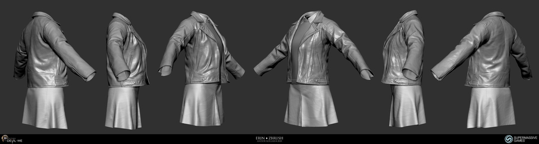 Clothes of Erin from Devil in Me, leather jacket and skirt sculpting in ZBrush for game character, 3d character art of Andor Kollar