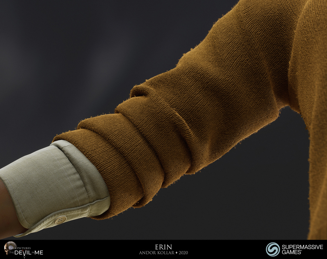 Erin from Devil in Me, game character, yellow fluffy jumper, realistic knitting fabric, Unreal Engine, 3d character art of Andor Kollar