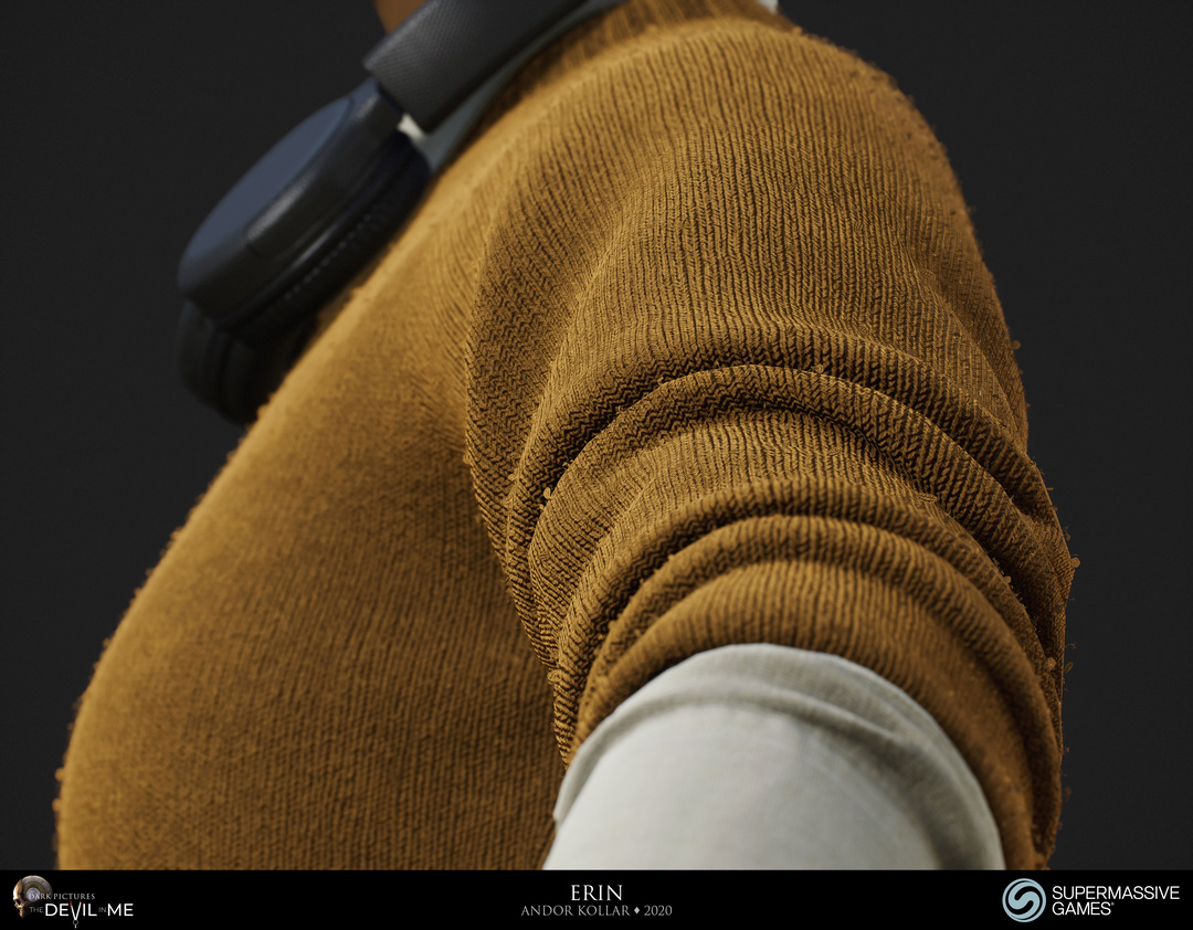 Erin from Devil in Me, game character, yellow fluffy jumper, realistic knitting fabric, Unreal Engine, 3d character art of Andor Kollar