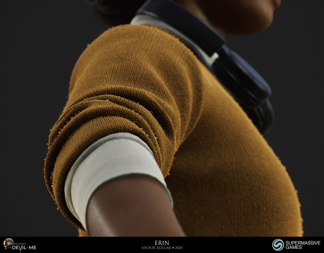 Erin from Devil in Me, game character, yellow fluffy jumper, realistic knitting fabric, Unreal Engine, 3d character art of Andor Kollar