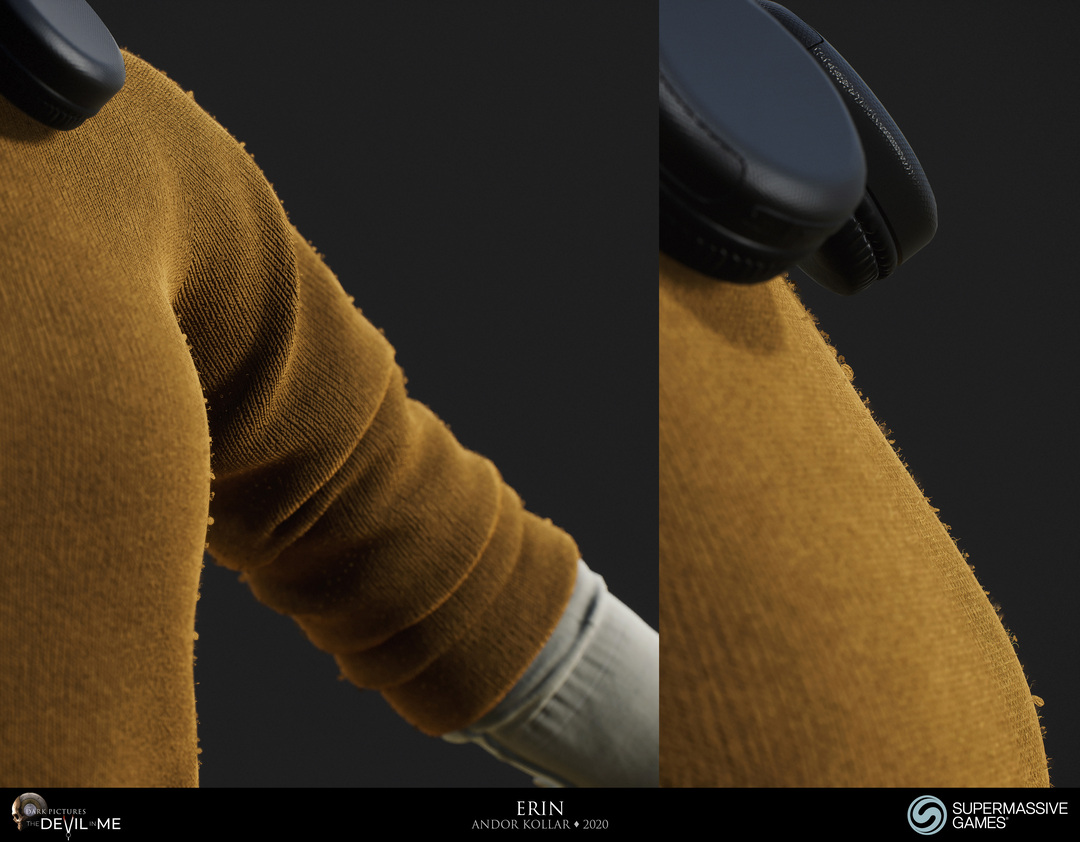 Erin from Devil in Me, game character, yellow fluffy jumper, realistic knitting fabric, Unreal Engine, 3d character art of Andor Kollar