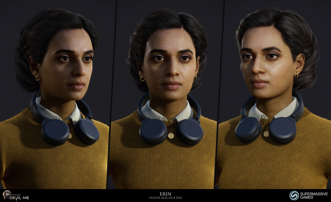 Erin from Devil in Me, game character, young female girl in yellow fluffy jumper with headphone, black braided 3d polygon hair, Hindi woman, Rabia Maddah, Unreal Engine, 3d character art of Andor Kollar