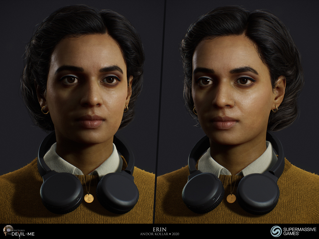 Erin from Devil in Me, game character, young female girl in yellow fluffy jumper with headphone, black braided 3d polygon hair, Hindi woman, Rabia Maddah, Unreal Engine, 3d character art of Andor Kollar