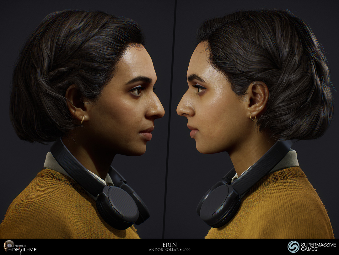 Erin from Devil in Me, game character, young female girl in yellow fluffy jumper with headphone, black braided 3d polygon hair, Hindi woman, Rabia Maddah, Unreal Engine, 3d character art of Andor Kollar