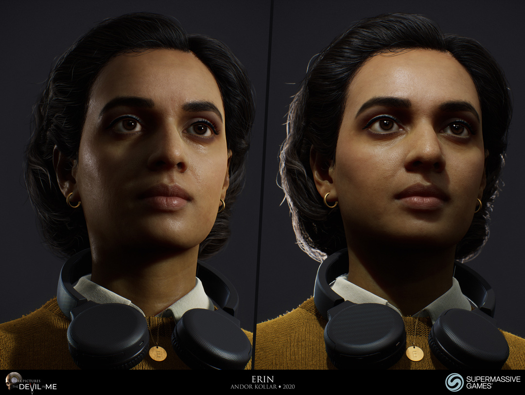 Erin from Devil in Me, game character, young female girl in yellow fluffy jumper with headphone, black braided 3d polygon hair, Hindi woman, Rabia Maddah, Unreal Engine, 3d character art of Andor Kollar