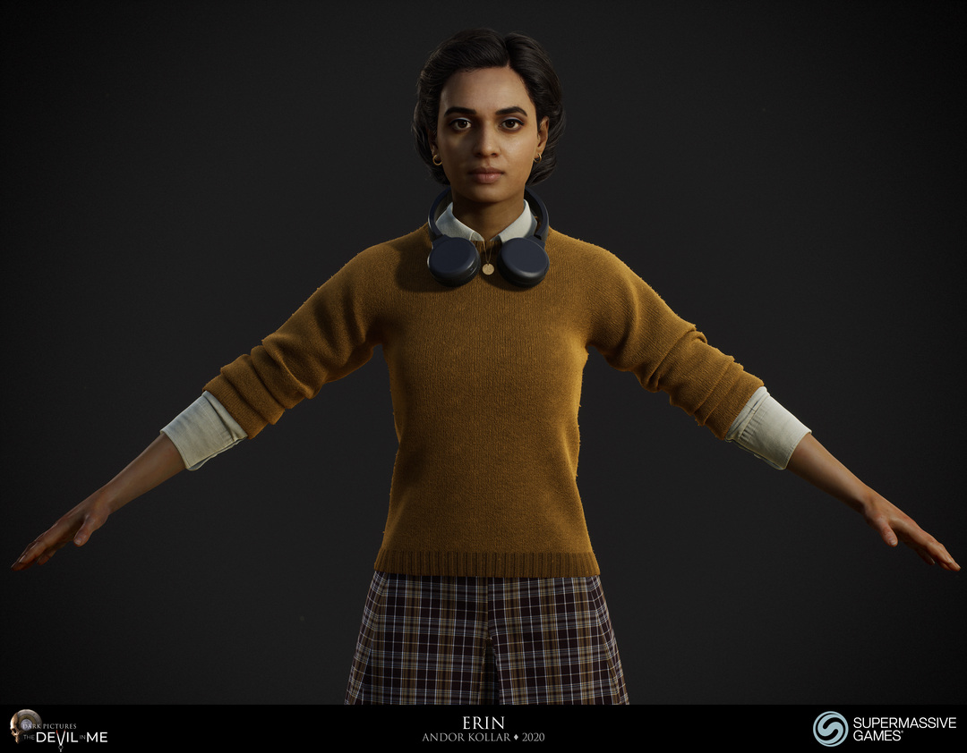 Erin from Devil in Me, game character, young female girl in yellow fluffy jumper with headphone, tartan skirt, black braided 3d polygon hair, Hindi woman, Rabia Maddah, Unreal Engine, 3d character art of Andor Kollar