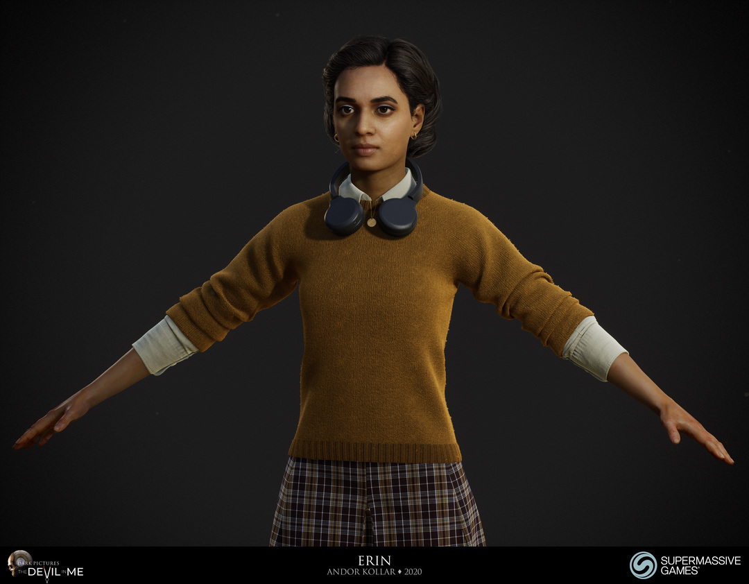 Erin from Devil in Me, game character, young female girl in yellow fluffy jumper with headphone, tartan skirt, black braided 3d polygon hair, Hindi woman, Rabia Maddah, Unreal Engine, 3d character art of Andor Kollar 