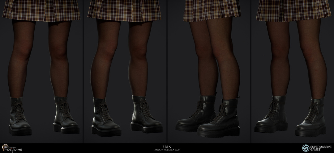 Erin from Devil in Me, game character, tartan skirt and black boot, Unreal Engine, 3d character art of Andor Kollar 