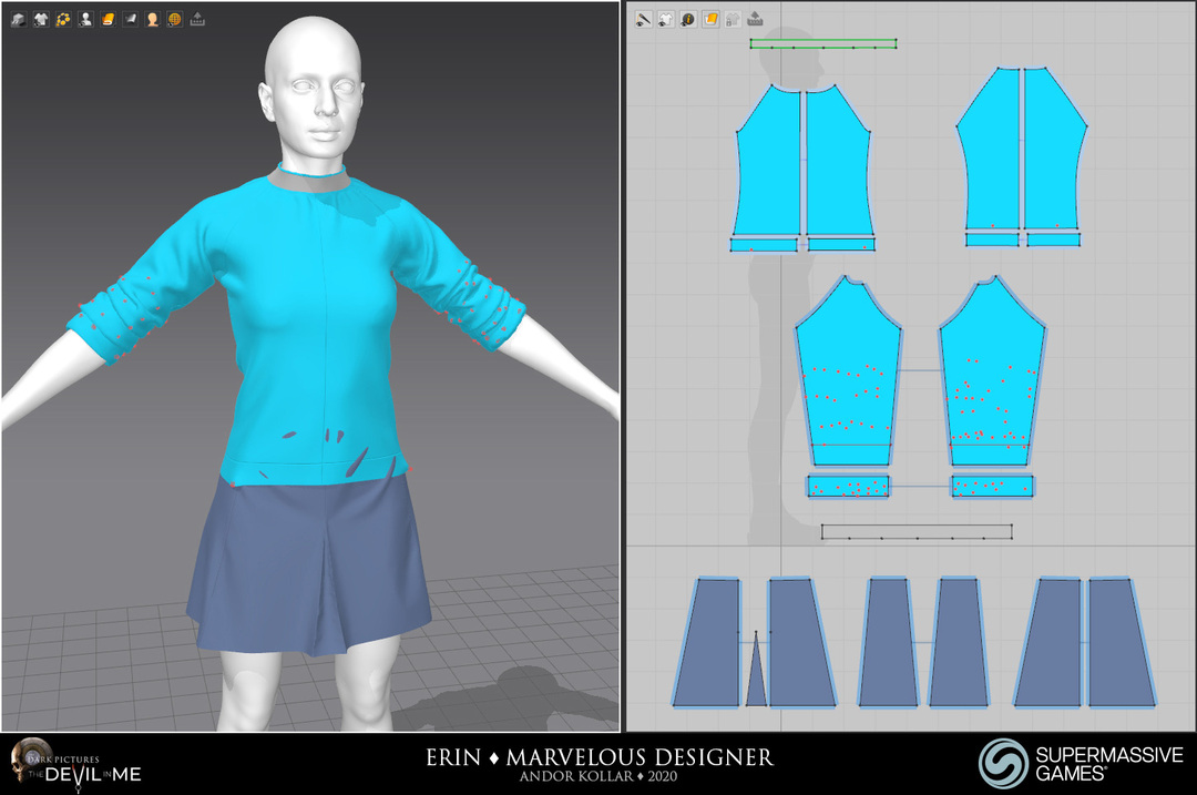 Cloth simulation in Marvelous Designer, jumper and skirt, 3d character art of Andor Kollar