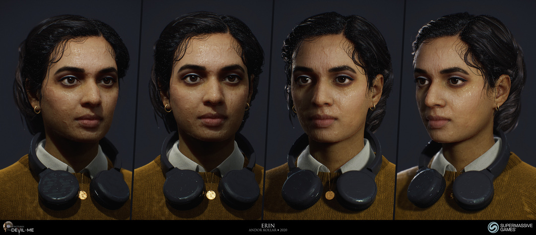 Erin from Devil in Me, game character, young female girl in yellow jumper with headphone with wet black hair, 3d polygon hair, Hindi woman, Rabia Maddah, Unreal Engine, 3d character art of Andor Kollar